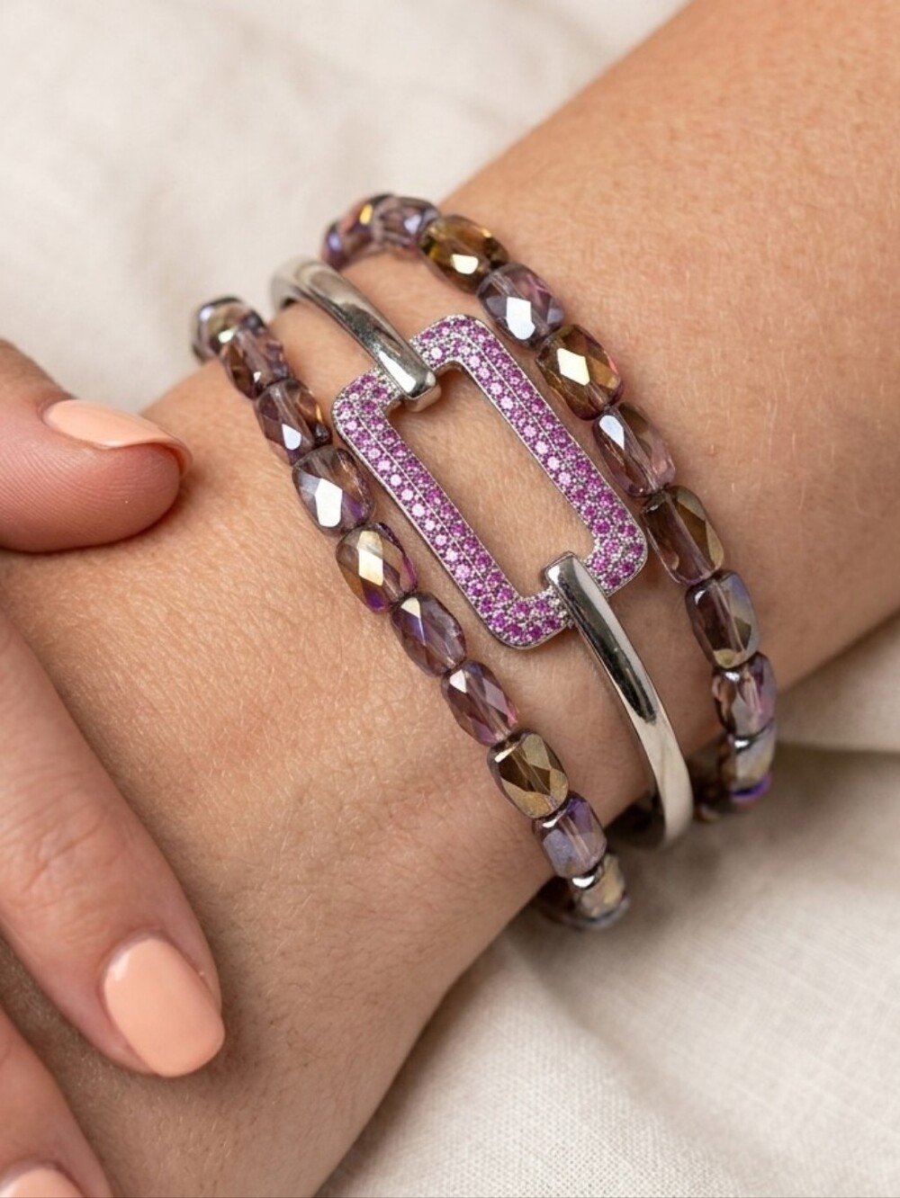 Amethyst 3 Stack Of Beaded Bracelet And Cuff with Silver Accents, NIP